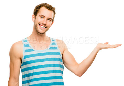 Buy stock photo Mockup, open hand and portrait of man in studio for advertising, promotion or marketing deal. Smile, offer and male person with palm by blank space for option, choice or decision by white background.