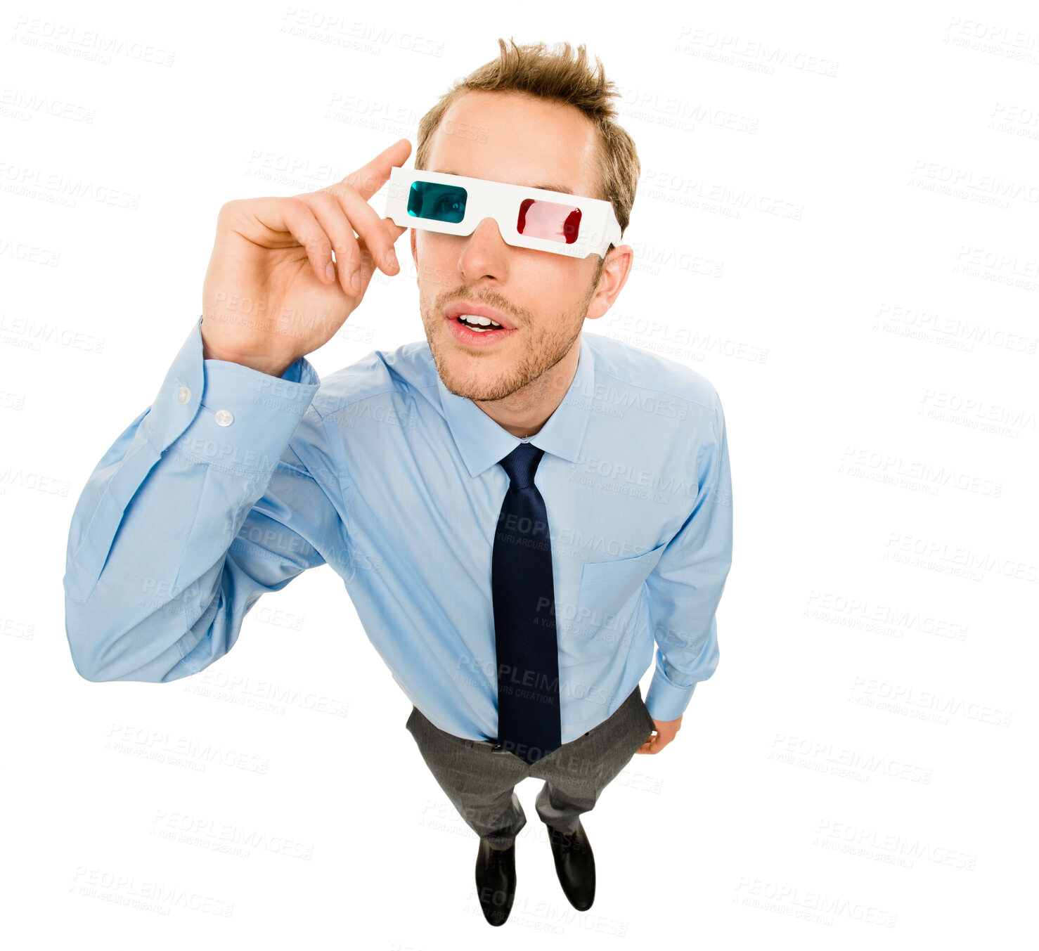 Buy stock photo Business man, 3d glasses and studio for film, presentation or production for vision by white background. Person, red and blue lens for view, movie or video for creativity, inspection or check editing