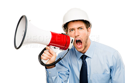 Buy stock photo Man, architect and megaphone with shouting in studio, angry and announcement by white background. Person, contractor or construction worker with bullhorn for renovation, project or portrait at job