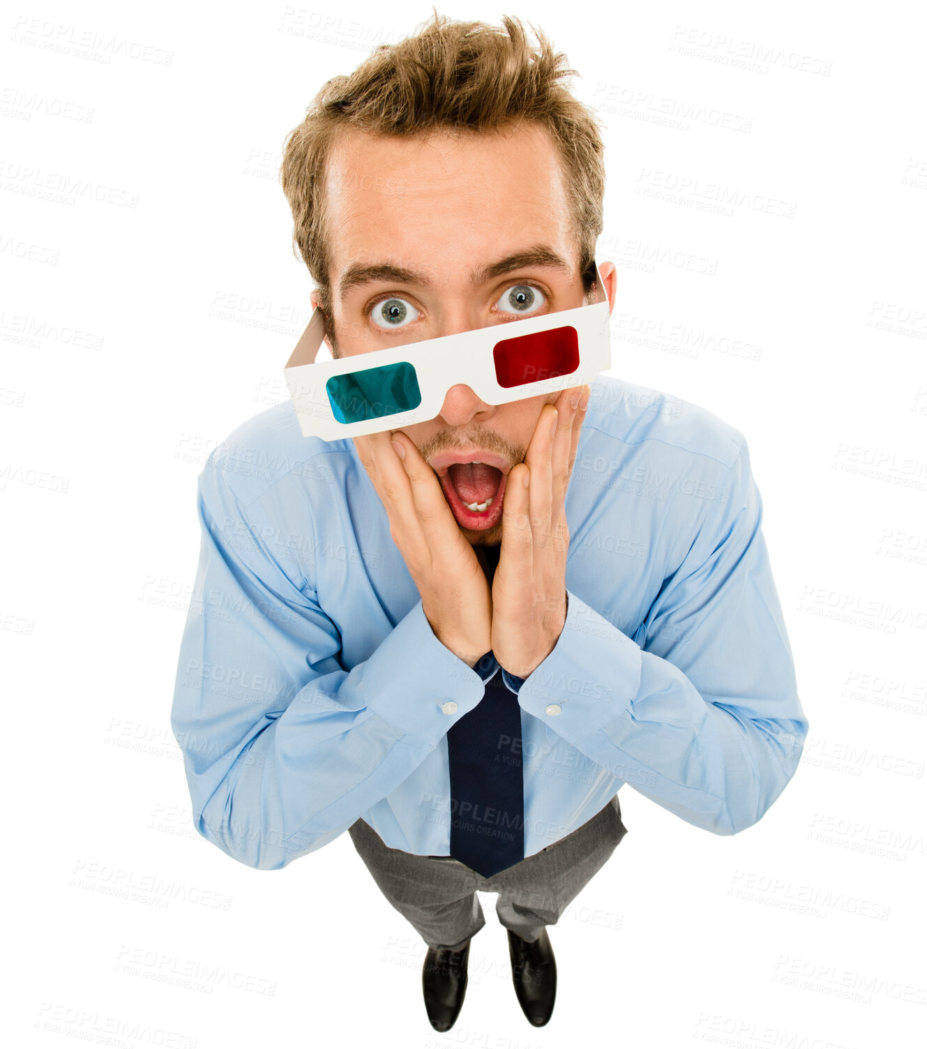 Buy stock photo Business, man and surprised with 3D glasses for film, movie premiere and red or blue lens in studio. Media professional, shocked and wow portrait with anaglyph motion on white background above