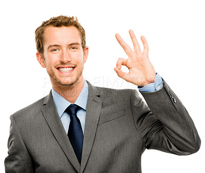 Buy stock photo Portrait, hand and businessman with perfect sign for agreement, job success and satisfaction in studio. Male person, corporate worker and ok emoji for approval, yes and thank you by white background