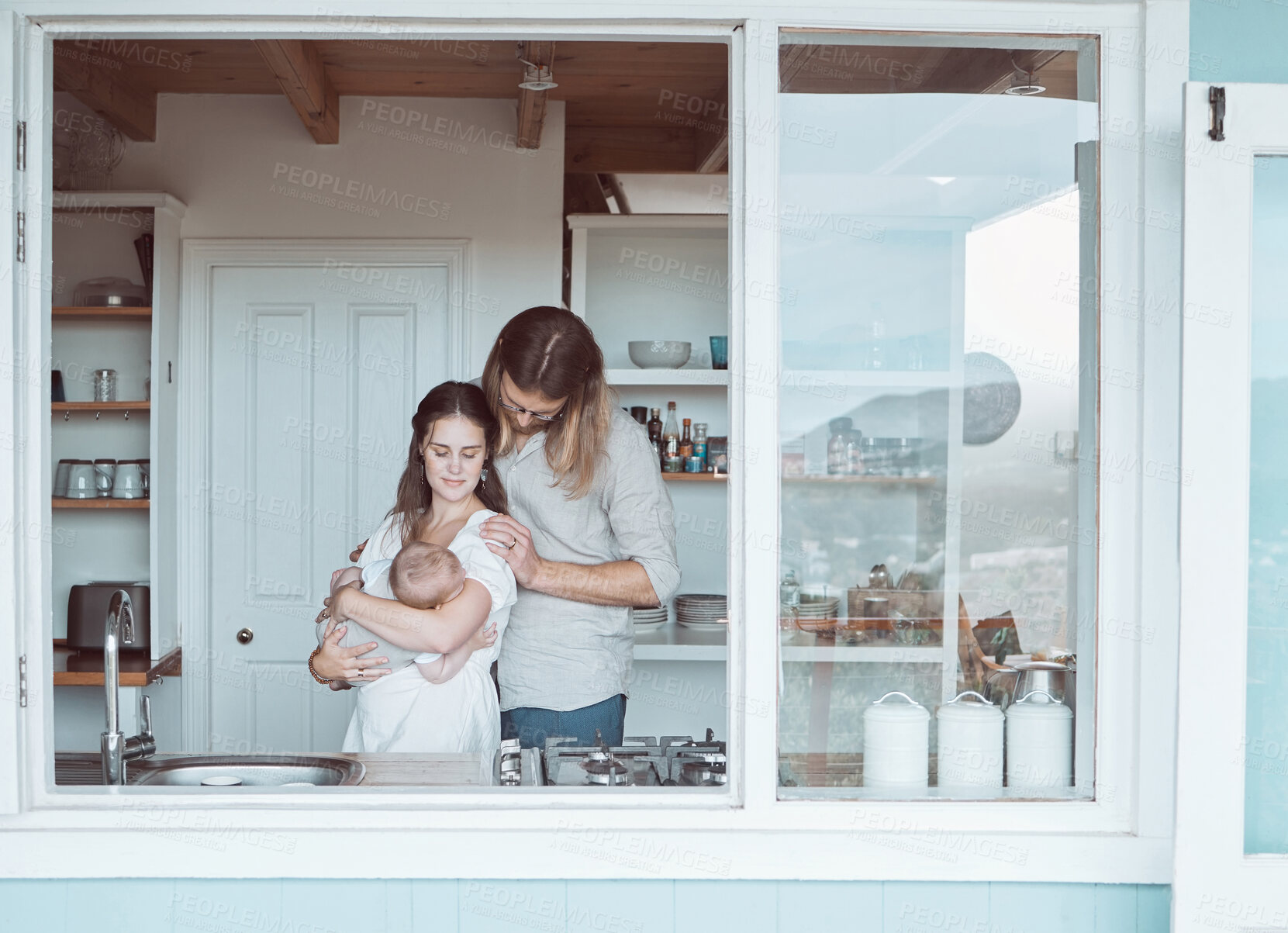 Buy stock photo Baby, woman and man in kitchen for connection, bonding and family as together with newborn in home. Parents, infant and affection with love, support and happy for trust, comfort and joy in apartment