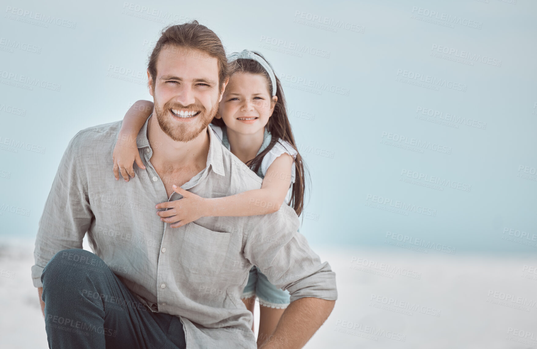 Buy stock photo Beach, happy and portrait of dad with girl for playing on holiday, vacation and adventure. Family, outdoor and kid with father embrace by ocean for bonding, loving relationship and fun in Australia