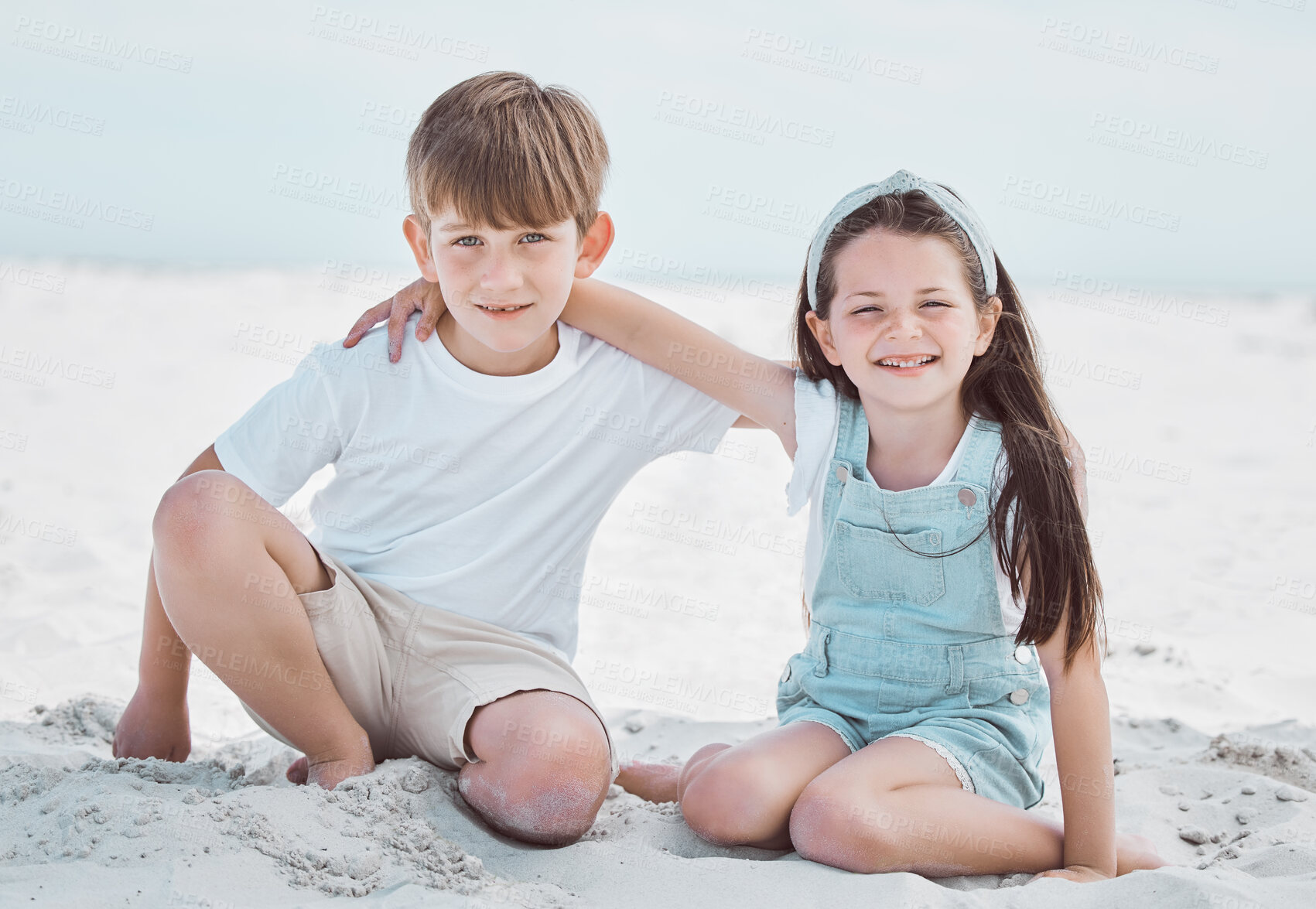 Buy stock photo Siblings, portrait and beach outdoor for travel, bonding and tropical holiday with summer, love and hug. Family, people and children outside for getaway trip, development and vacation in Santorini