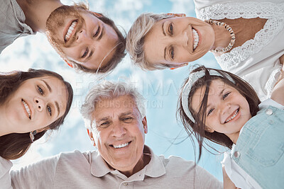 Buy stock photo Family, portrait and circle outdoor for support, solidarity and bonding together with summer blue sky. People, low angle and smile outside for teamwork, collaboration and connection with group games