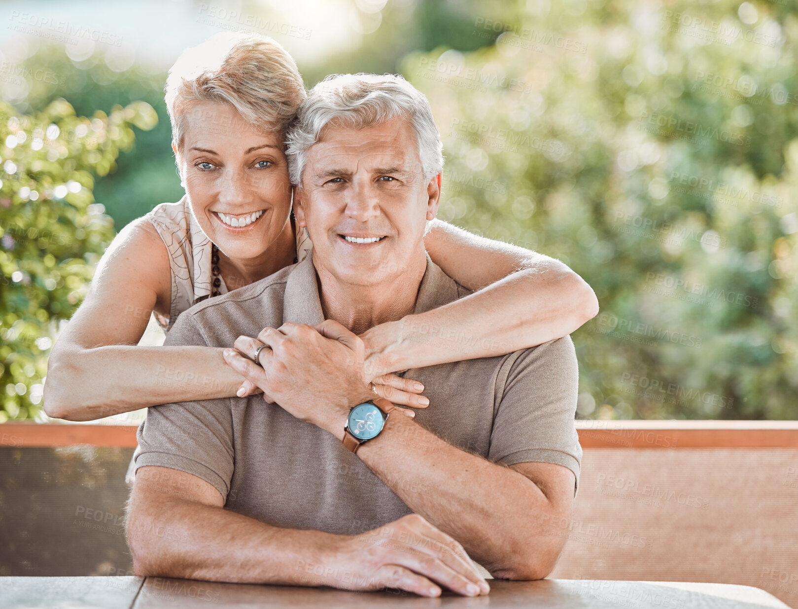 Buy stock photo Hug, backyard and portrait of senior couple for bonding, relationship and relaxing together. Retirement, happy and man and woman embrace for affection, love and trust for commitment, marriage or care