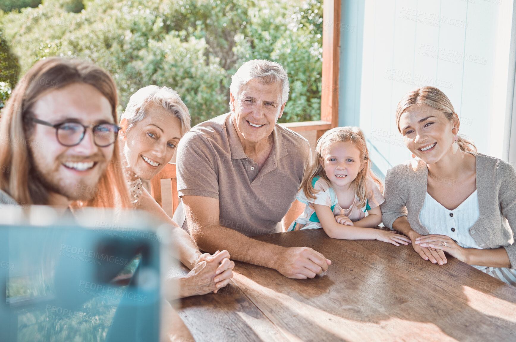 Buy stock photo Family, happy and selfie by home for relax, bonding and social media together on patio with generations. Grandparents, people and children by house for memory, profile picture and support on weekend