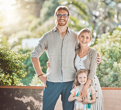 Buy stock photo Happy family, portrait and hug with daughter for love, support or care on holiday or weekend at home. Father, mother and little girl, child or kid with smile for bonding moment on balcony or porch