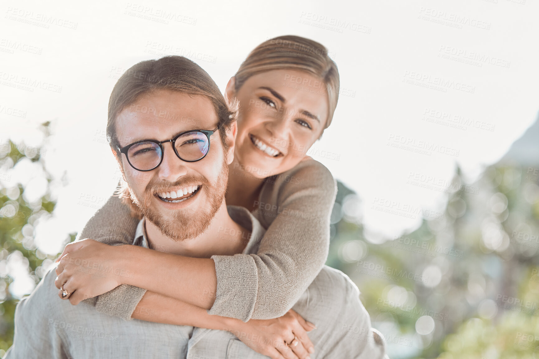 Buy stock photo Couple, hug and happy for portrait in garden with care, bonding and outdoor in spring for connection. People, man and woman with embrace, love and smile together in backyard for piggy back in Croatia