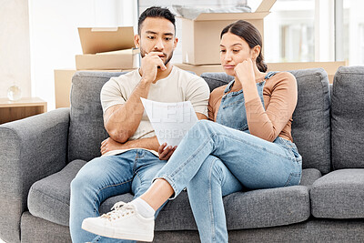 Buy stock photo Couple reading letter, house foreclosure and financial crisis, debt and stress with moving to new property. People with note from bank, recession and final notice of eviction with real estate problem