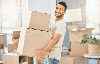 Buy stock photo Portrait, smile and man with boxes, moving and new house with property, management and growth. Face, male person and guy with happiness, mortgage and cardboard with investment, success and relocation