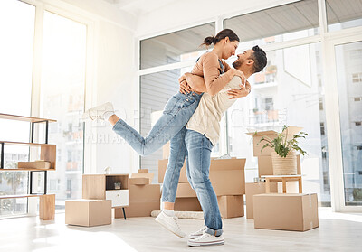 Buy stock photo Happy, moving and hug with couple in new home for celebration, property and relocation. Excited, love and real estate with man and woman in living room apartment for investment, rent and homeowner