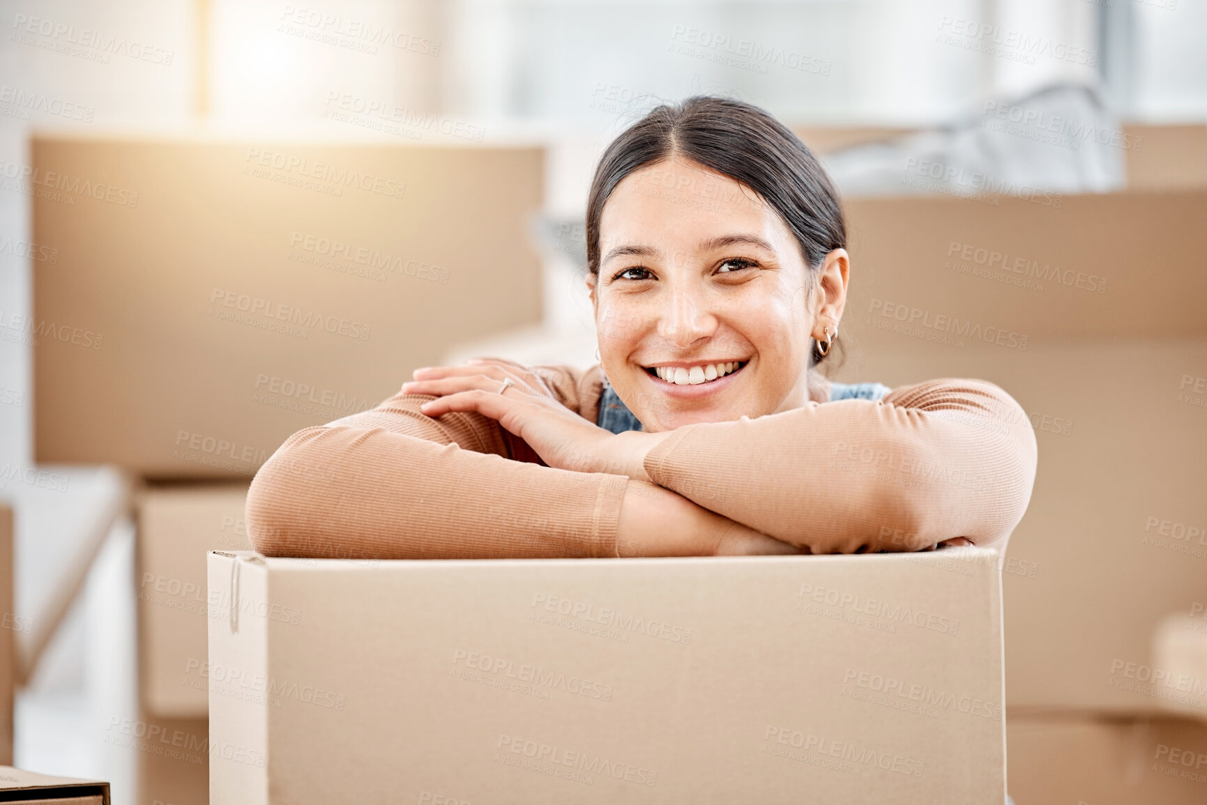 Buy stock photo Portrait, woman and new home owner on floor with cardboard for mortgage loan, real estate investment or moving. Living room, property and female person for happiness, boxes or relocating in apartment