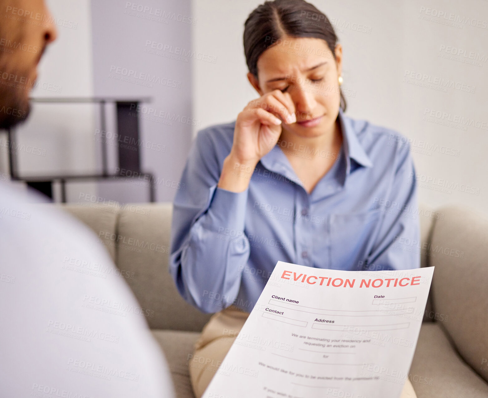 Buy stock photo Crying, eviction and woman with stress of notice, couple and fail of payment for mortgage in apartment. Paperwork, sad and mistake of violation of lease, hand and loan for house and foreclosure