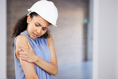 Buy stock photo Engineer, person and shoulder injury, pain or muscle tension after accident at work. Sore arm, inflammation or woman with health problem, arthritis or fibromyalgia at construction site safety hazard