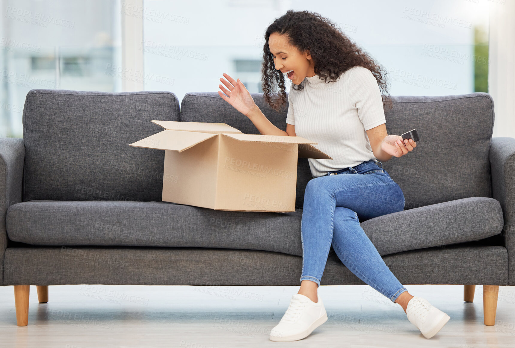 Buy stock photo Delivery, woman and unboxing package on sofa for online shopping, shipping or ecommerce in living room. Wow, retail deal and excited person with box for eco friendly goods, sale or shipment in home