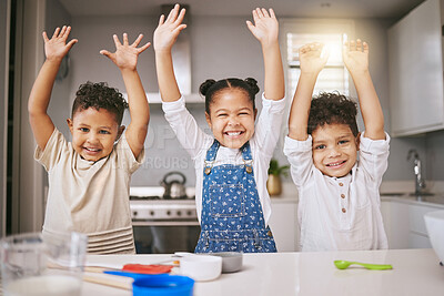 Buy stock photo Happy, baking and portrait of kids in home for early childhood development, growth or skill. Excited, raised arms and siblings learning to prepare cookies, cake or biscuits in kitchen at house.