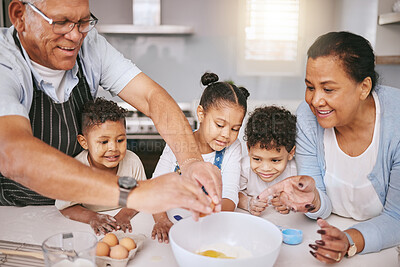 Buy stock photo Bake, kitchen and children with grandparents in home for learning, development or growth. Happy, ingredients and senior man and woman teaching kids to prepare cake, cookies or dessert for bonding.