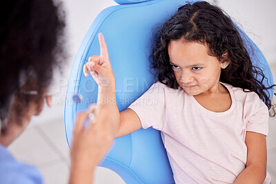 Buy stock photo Upset, scared and dentist with child patient for tooth extraction in clinic with consultation. Stop, dentistry and afraid girl kid with pediatric orthodontist for cavity removal with equipment.