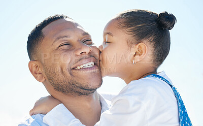 Buy stock photo Outdoor, happy and child with kiss for father by blue sky for bonding, love and family time. Connection, care and young girl kid hugging dad for sweet moment together in park, garden or nature.
