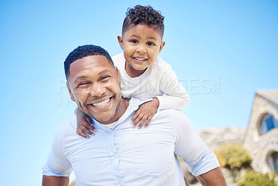 Buy stock photo Outdoor, piggyback and portrait of child with father by blue sky for bonding, love and family time. Connection, care and boy kid on shoulders of dad for playing together in park, garden or nature.
