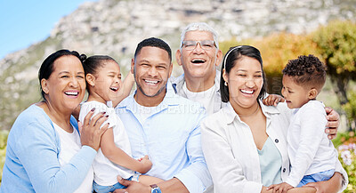 Buy stock photo Parents, grandparents and children with portrait outdoor for travel, holiday and fun adventure with smile. Happy family, people and generations with laughing for bonding, relationship and affection