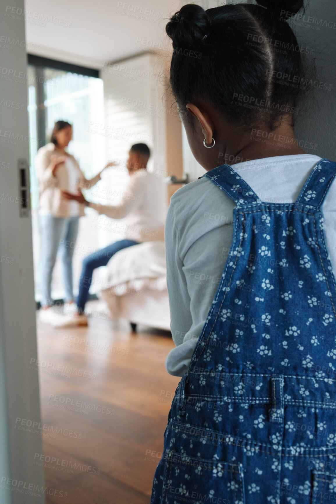 Buy stock photo Girl, child and parents with fight by door for listening to conflict, anger and scared with hiding in home. Kid, bedroom and watch mother, father and argument with stress for fear in family house