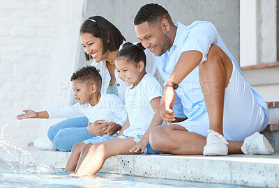 Buy stock photo Parents, children and feet in swimming pool with play, splash and relax on ground in summer at family house. Mother, father and kids by water in backyard with bonding, love and connection in Mexico