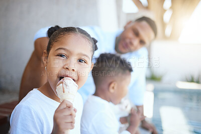 Buy stock photo Child, portrait and eating icecream outdoor for dessert, sweet treat or bonding with family. Girl, kid and happy face with vanilla cone for snack, summer break and enjoyment with holiday fun or relax