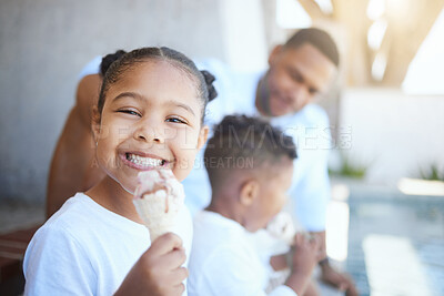 Buy stock photo Kid, portrait and eating icecream outdoor for dessert, sweet treat or bonding with family. Girl, child or excited face with vanilla cone for snack, summer break or enjoyment with holiday fun or relax