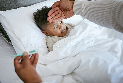 Buy stock photo Sick, kid and parent in bed with thermometer for cold, flu or infection in home for child healthcare. Illness, person and boy in bedroom checking fever with temperature, recovery and homecare health.