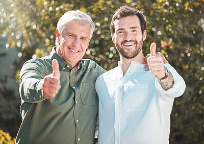 Buy stock photo Senior man, son and thumbs up in portrait for yes, good news and healthy relationship in park. Family, elderly dad and person outdoor with smile, hand gesture and support on Fathers day with love