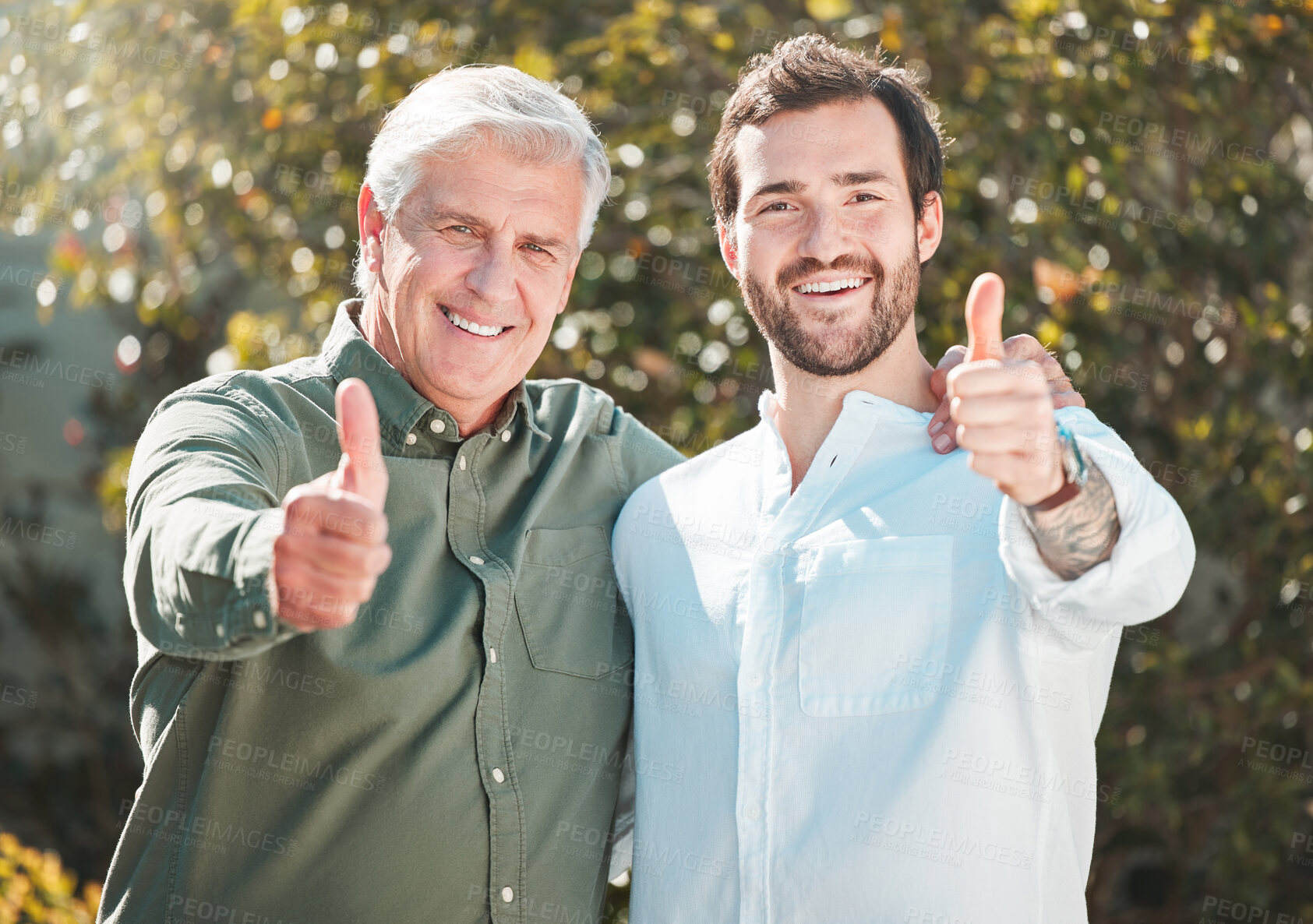 Buy stock photo Senior man, son and thumbs up in portrait for yes, good news and healthy relationship in park. Family, elderly dad and person outdoor with smile, hand gesture and support on Fathers day with love