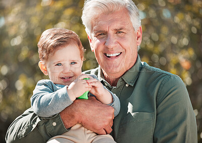 Buy stock photo Old man, child and grandfather portrait in nature, outdoor and support grandchild in relationship. Papa, boy and bonding together on holiday in Florence, love and weekend visit with kid on vacation