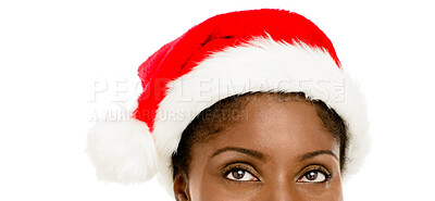 Buy stock photo Christmas, hat and eyes of woman in studio for holiday, vacation and festive season on white background. Fashion, mockup space and face of isolated person for  promotion, festival and celebration