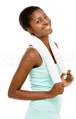 Buy stock photo Black woman, fitness and towel in studio portrait with smile, wellness and exercise by white background. Girl, model or African person with cloth for workout, training and sweat for health with pride