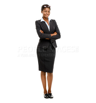 Buy stock photo Portrait, business and woman in studio with arms crossed for confidence, lawyer or career pride on white background. Corporate, employee and black person for consultant, attorney or legal advocate