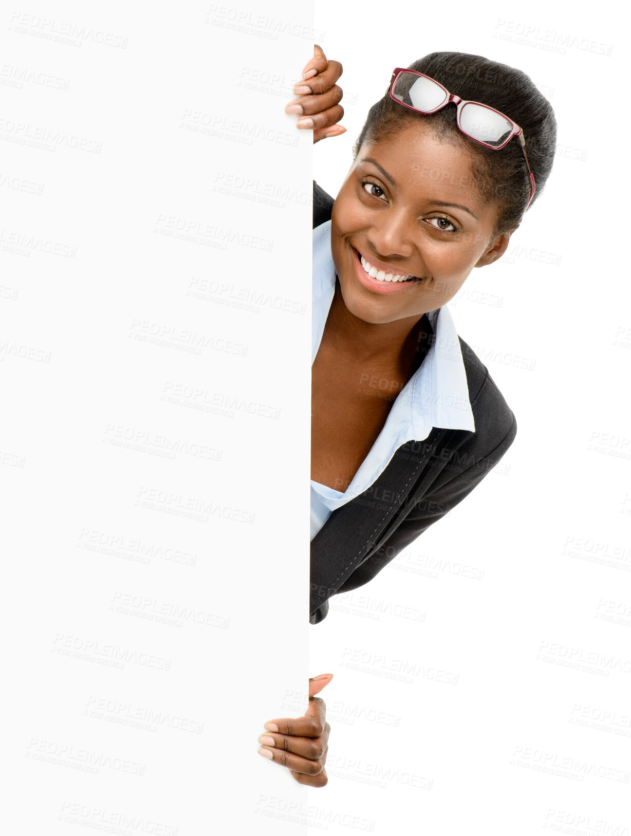 Buy stock photo Business, woman and portrait with poster in studio for advertising space, about us information or mockup. Black consultant, happy or blank board for presentation and announcement on white background