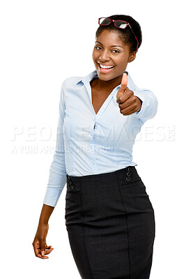 Buy stock photo Business, thumb up and portrait of black woman in studio for good news, promotion and agreement. Happy, corporate and excited person with emoji, hand gesture or sign for thank you on white background