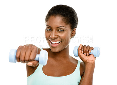 Buy stock photo African woman, dumbbell and workout in studio portrait for smile, weightlifting or muscle growth. Girl, person and happy for exercise, training or fitness challenge by white background at health club