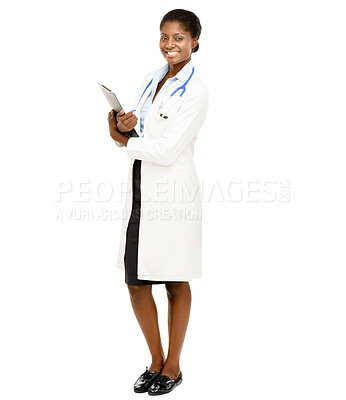 Buy stock photo Medical, portrait and black woman in studio with clipboard for notes, health information or paperwork on white background. Doctor, stethoscope and person for insurance report, script or admin