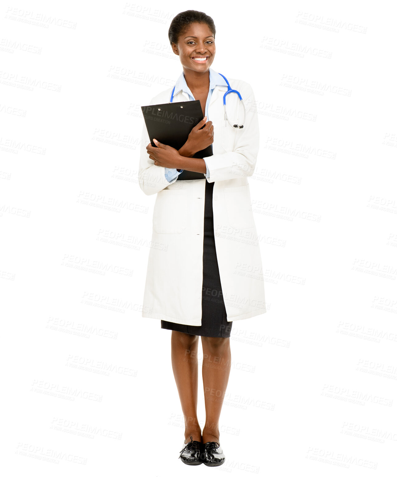 Buy stock photo Healthcare, portrait and black woman in studio with clipboard for notes, medical information or paperwork on white background. Doctor, stethoscope and person for insurance report, script or admin