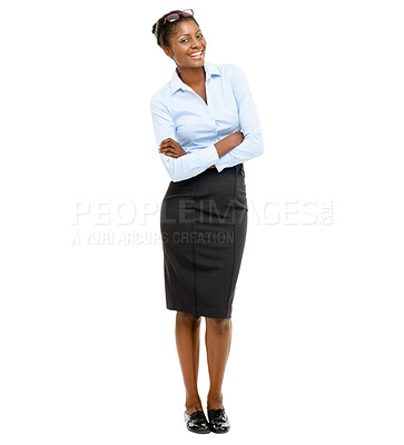 Buy stock photo Business, black woman and smile with arms crossed in portrait for confidence in finance career. Banking consultant, professional person and ready for welcome, about us or studio on white background