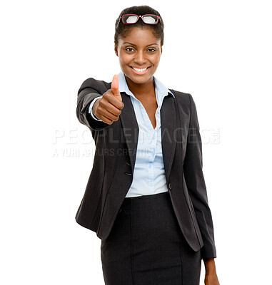 Buy stock photo Thank you, portrait of a businesswoman with thumbs up and in a white background for agreement. Success or agreement, congratulation or feedback and African female person with hand emoji for review