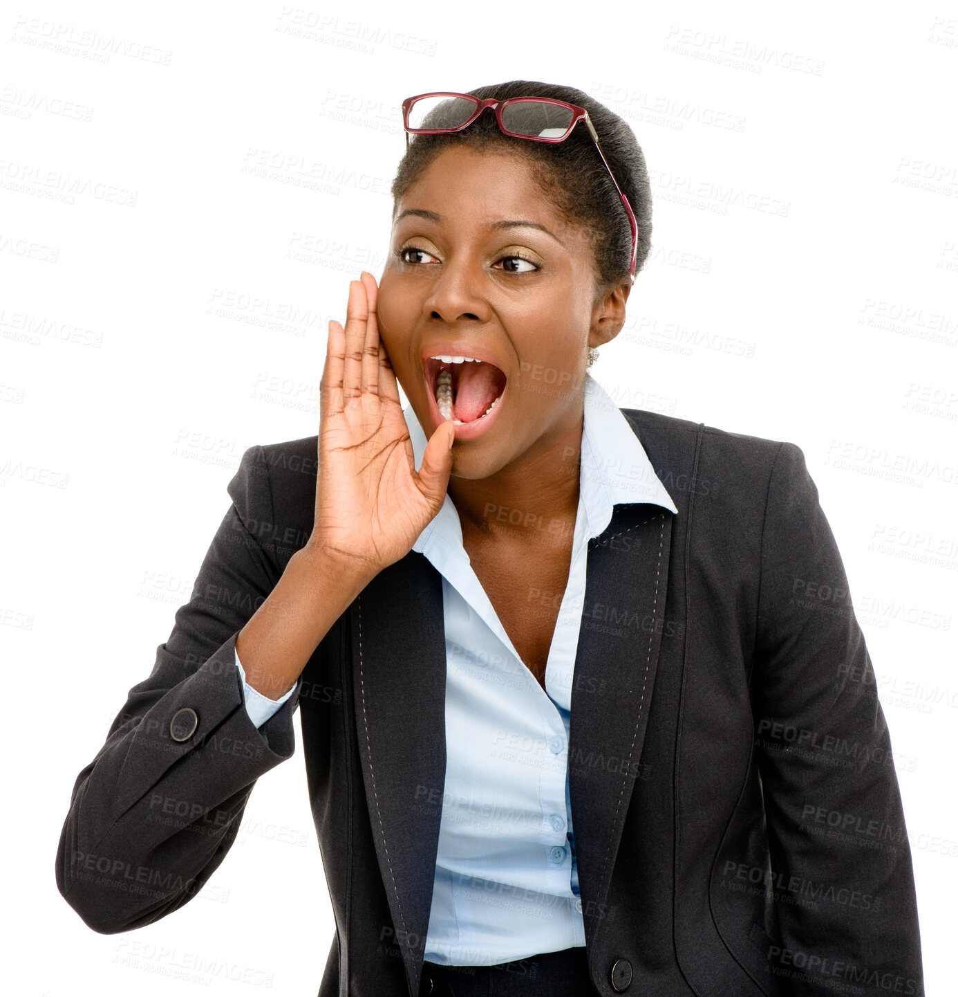 Buy stock photo Business, screaming and black woman with communication, excited and model isolated on white studio background. African person, employee and consultant with opportunity, shouting and options for deal