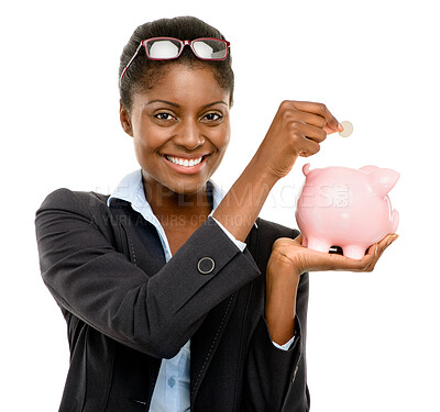 Buy stock photo African woman, piggy bank and coin for business, capital and small start for investment by white background. Person, happy and container for money, cash and saving for financial security in studio