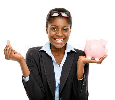 Buy stock photo Saving, black woman and investment in portrait with money for future with banking with financial advisor. Piggybank and professional female with budget or planning for payment in studio background.