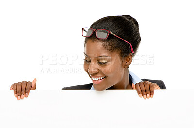 Buy stock photo Business, woman and face with poster in studio for advertising space, about us information and mockup. African consultant, happy and blank board for presentation and announcement on white background