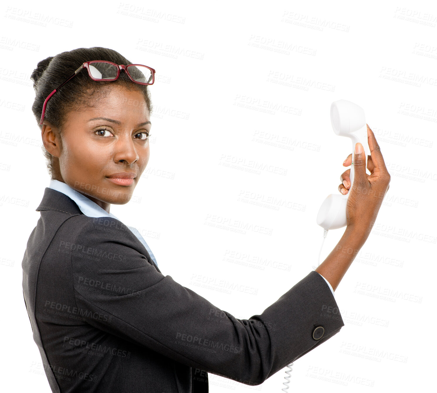 Buy stock photo Phone, landline and portrait of woman in studio for business communication, crm or customer service. Call, contact and serious businesswoman with advice, connection and consultant on white background