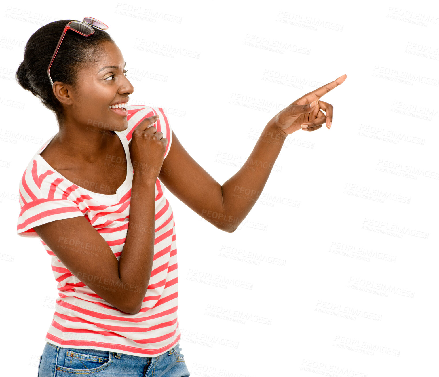 Buy stock photo Promo, pointing and black woman in studio with presentation, student discount or deal announcement. Offer, info and happy college girl with smile showing choice, opinion or review on white background